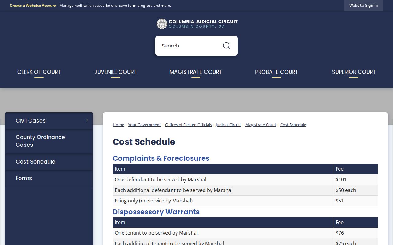 Columbia County court case lookup Magistrate Court cost schedule