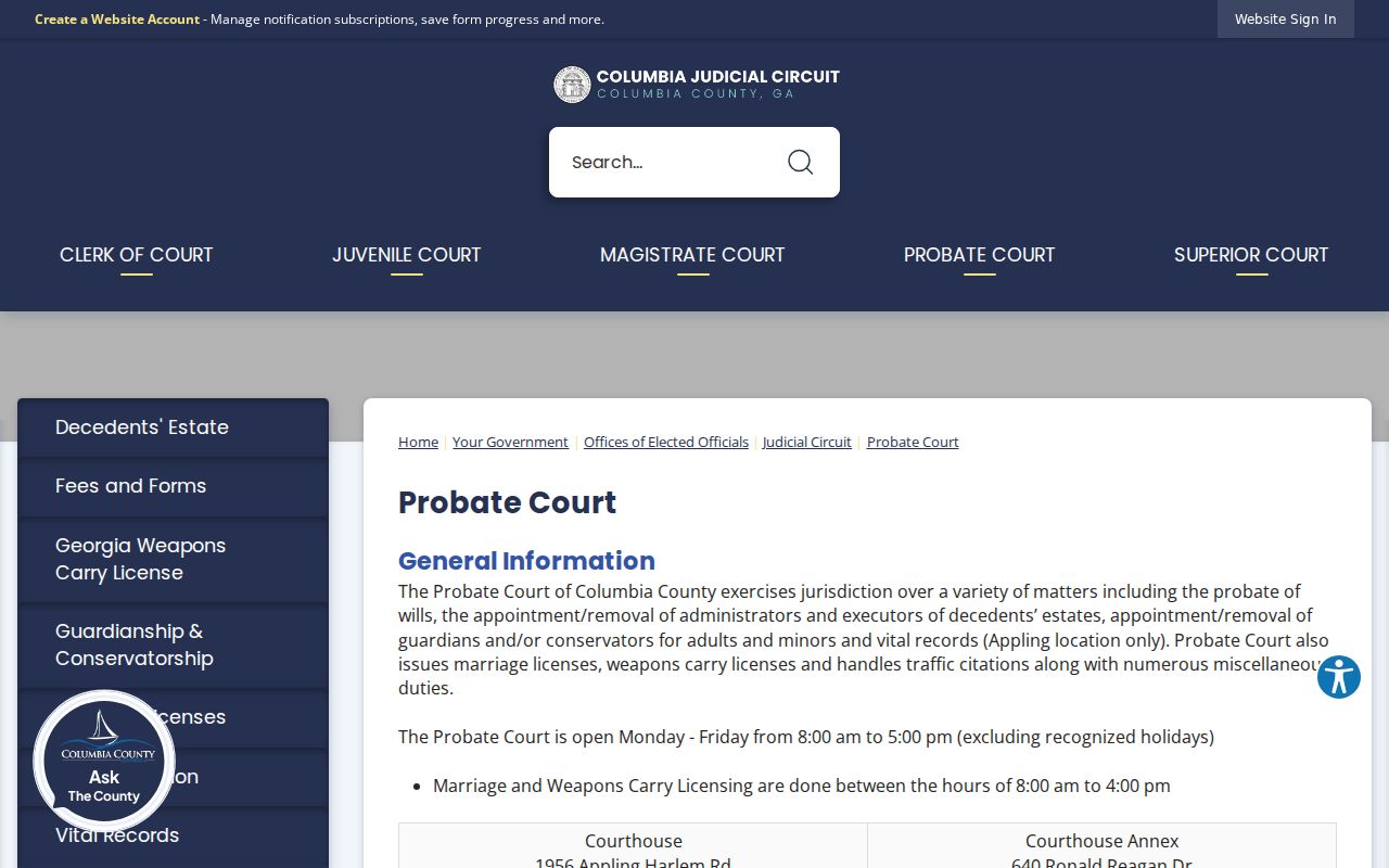 Columbia County criminal and traffic records Probate Court