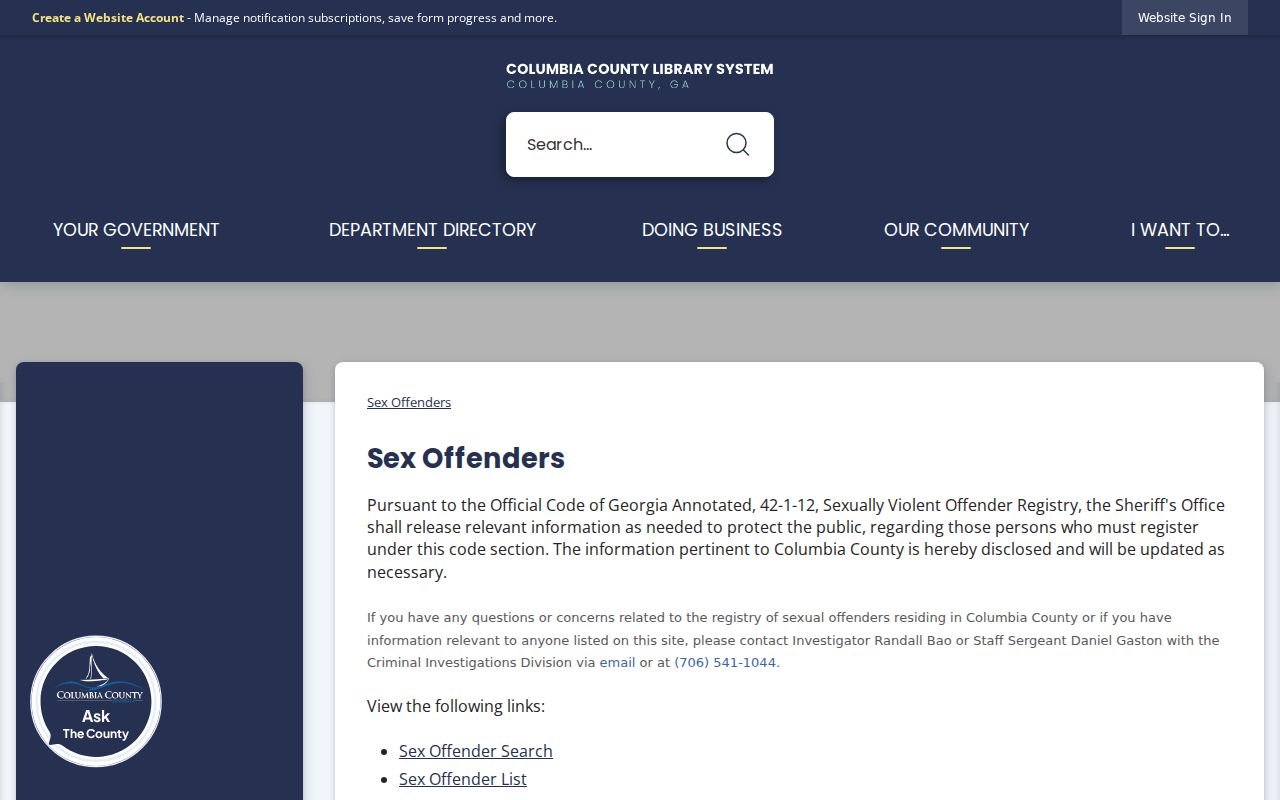 Columbia County sex offender lookup Sheriff registry information